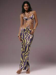 MUSERA Purple And Yellow Abstract Print Strapless Extreme Cut Out Cross Front Maxi Dress,Summer Chic Vacation Holiday Night Out Date Night Party Dress - Multicolor - View 5