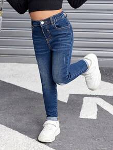 SHEIN Young Girl Vintage Blue Ripped Denim Jeans, Cool Girls Thanksgiving Fall And Winter Clothes - Dark Wash - View 1