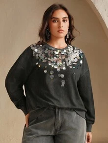 Anewsta 大码复古优雅圆领长袖亮片装饰运动衫，春秋季 - 灰色 - 查看 5