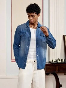 SWAVVY Men's Simple Long Sleeve Casual Denim Jacket, Fall, Plain, Flap Pocket Detail, Grunge, Urban, Work - Blue - View 4