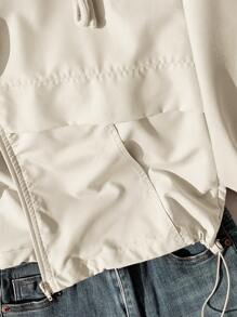 Comfortcana 女士休闲运动简约纯色抽绳连帽轻便夹克，春秋季 - 杏色 - 查看 6