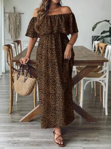 SHEIN VCAY Plus Size Brown Leopard Print Off Shoulder Loose A-Line Dress, Casual Holiday Beach Dress Chic Dress - Multicolor - View 5