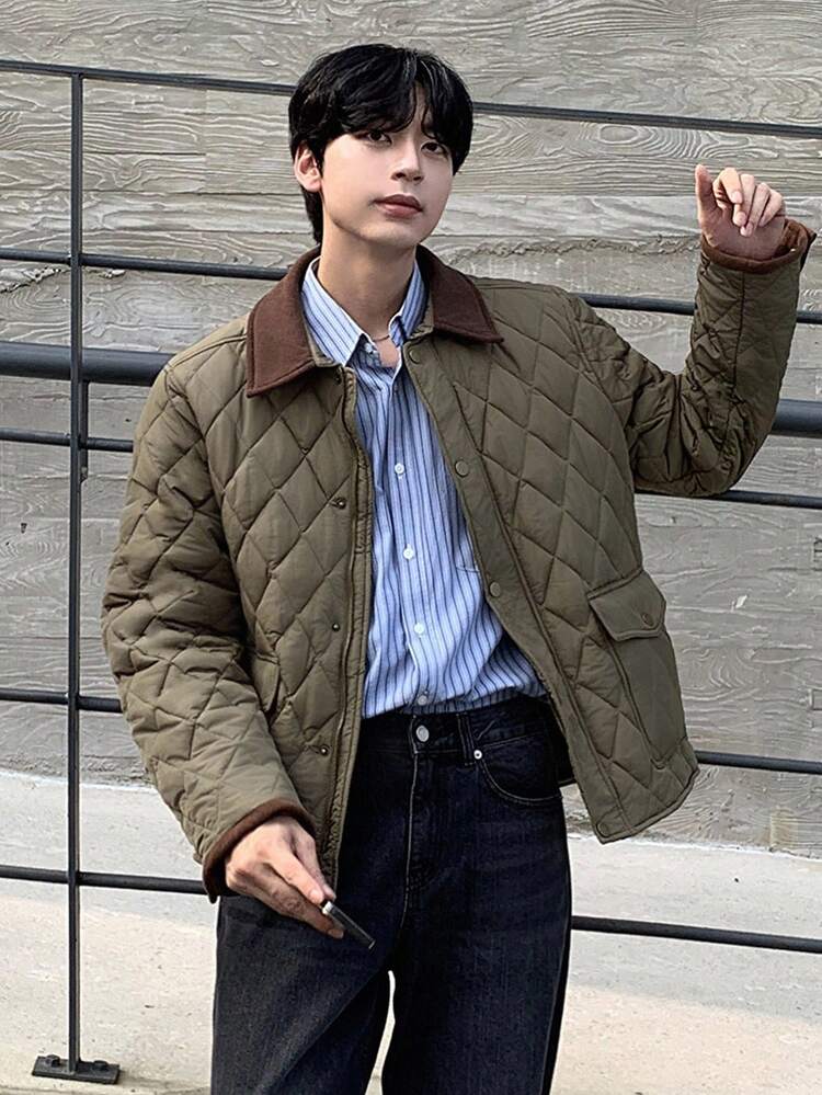 Men's Winter Quilted Padded Coat With Textured Brown Collar, Military Green Jacket