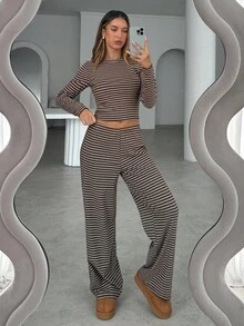 Aloruh Women's Casual Homewear Pajama Set, Includes Striped Crew Neck Long Sleeve Tee And Loose Striped Straight Leg Pants, Suitable For Daily Wear, Sports, Autumn/Winter, Back To School Clothes Brown Striped Two Piece Set - Brown - View 7