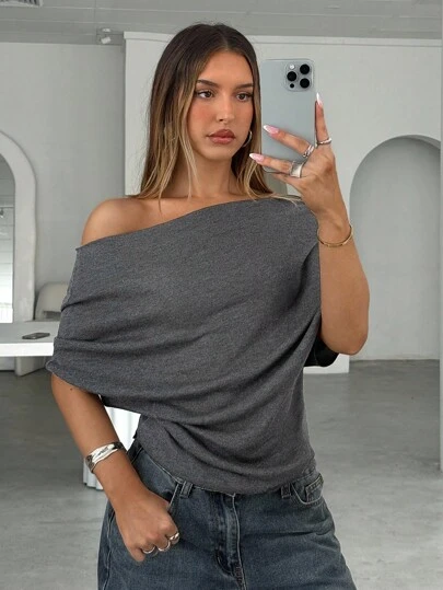 Aloruh 女装秋冬新款深灰色垂坠肩斜肩宽松圆领短袖针织毛衣