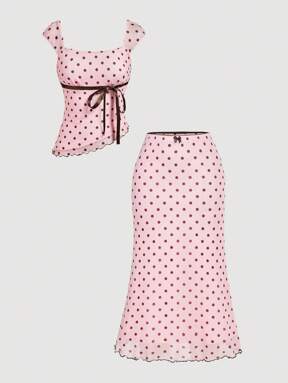 SHEIN MOD 2pcs Polka Dot Bow Set:Asymmetric Hem Top & Low Waist Fishtail Skirt And Sets Outfit For Women Summer Outfits