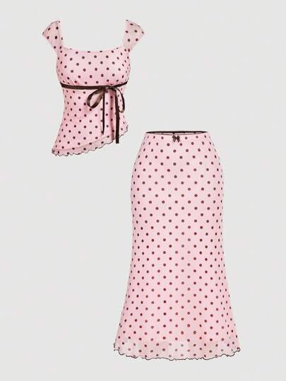 SHEIN MOD 2pcs Polka Dot Bow Set: Asymmetric Hem Top & Low Waist Fishtail Skirt
