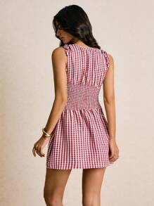 Poéselle 女式休闲格子束腰迷你连衣裙，肩部系带，夏季 - 紅白色 - 查看 2