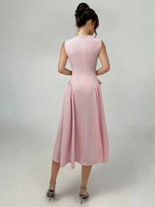 Firerie Women's Soft Pink Summer Elegant Tea Party Dress, Lapel Pearl Button Low Waist A-Line Mid-Length Sleeveless Graduation Teacher Outfits - Pink - View 4