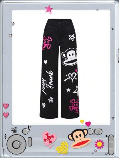 Paul Frank X ROMWE Women Y2K Baddie Street Graffiti Monkey Print Loose Wide Leg Jeans