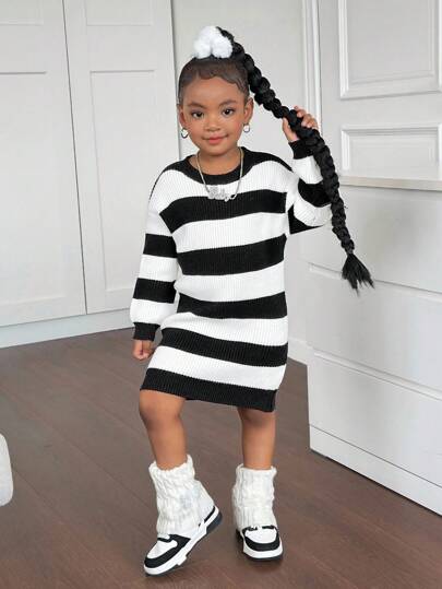 SHEIN 年轻女孩圆领条纹休闲毛衣裙