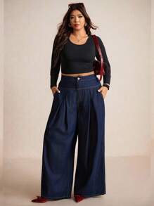 Elaquor Calça Denim Azul Marinho Cintura Alta Perna Larga Elegante Roupas Femininas Confortáveis Cintura Elástica Roupas Femininas de Outono