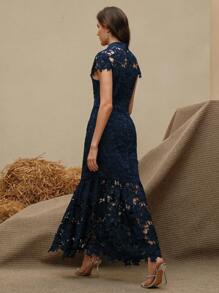 Anewsta Navy Blue Elegant Embellished Party Mermaid Hem Short Sleeve Dress