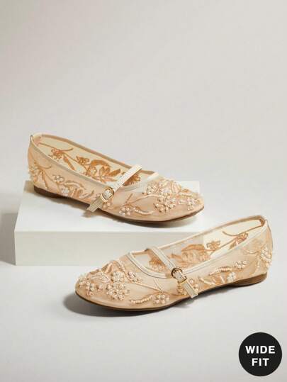 SHUZIA Women's Wide-Fit Elegant Colorful Embroidery Ballet Flats For Christmas Valentine's Day Wide Fit