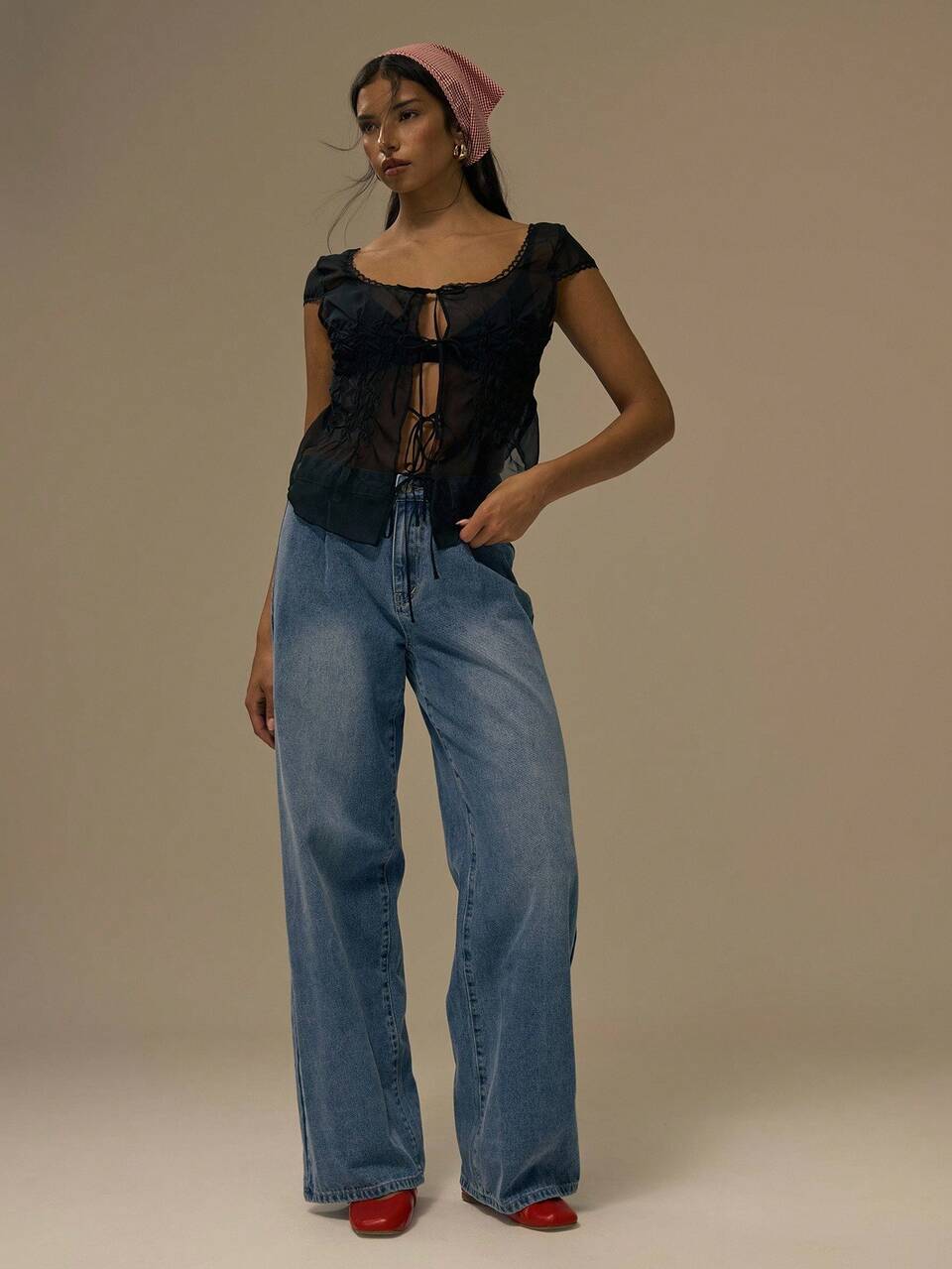 Scoop Neck Chiffon Ruched Tie Front Top Fall Cute Streetwear Festival Farmhouse Country Vintage Fall Autumn Holidays Summer Spring