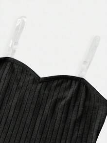 Tween Girl 休闲修身褶饰弹性针织纯色罗纹短款无袖背心，灰色 - 黑色 - 查看 6