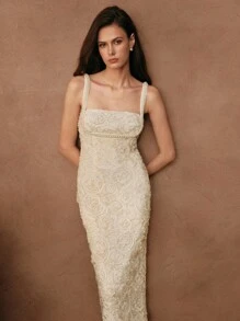 Anewsta Savoree 女士春夏优雅派对婚礼宾客礼服，杏色，浪漫纹理面料，3D花朵和珍珠装饰，收腰吊带连衣裙 - 杏色 - 查看 6