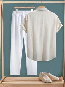 Manfinity Homme 男士夏季休闲日常通勤短袖衬衫和抽绳腰长裤套装，老款风格，舒适服装 - 杏色 - 查看 2