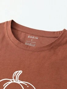 INAWLY 女式简约印花圆领短袖T恤 - 鏽棕色 - 查看 4