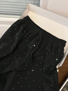GlowEve 女士时尚水钻装饰高腰抽绳宽松直筒运动裤 - 黑色 - 查看 5
