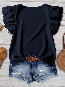 EMERY ROSE Plus Size Summer Casual Solid Color Flutter Sleeve Shirt - Navy Blue - View 2