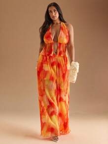 SHEIN BAE Plus Size Women's Textured Fabric Pleated Halter Top & Loose Wide Leg Pants Set/Spring/Fall Tie-Dye Pleated Camisole Top & Long Pleated Wide Leg Pants 2 Piece Set/Women Two Pieces Outfits For Daily Wear/Fall Clothes Plus Size/Halloween/Homecoming/Christmas/Going Out /Birthday Dresses For Women/Western Wear Women/Dresses For Women Party,Fall Clothes For Women - Orange - View 5