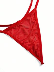 SHEIN 3件套加大码链条装饰网眼性感内衣套装 - 紅色 - 查看 4