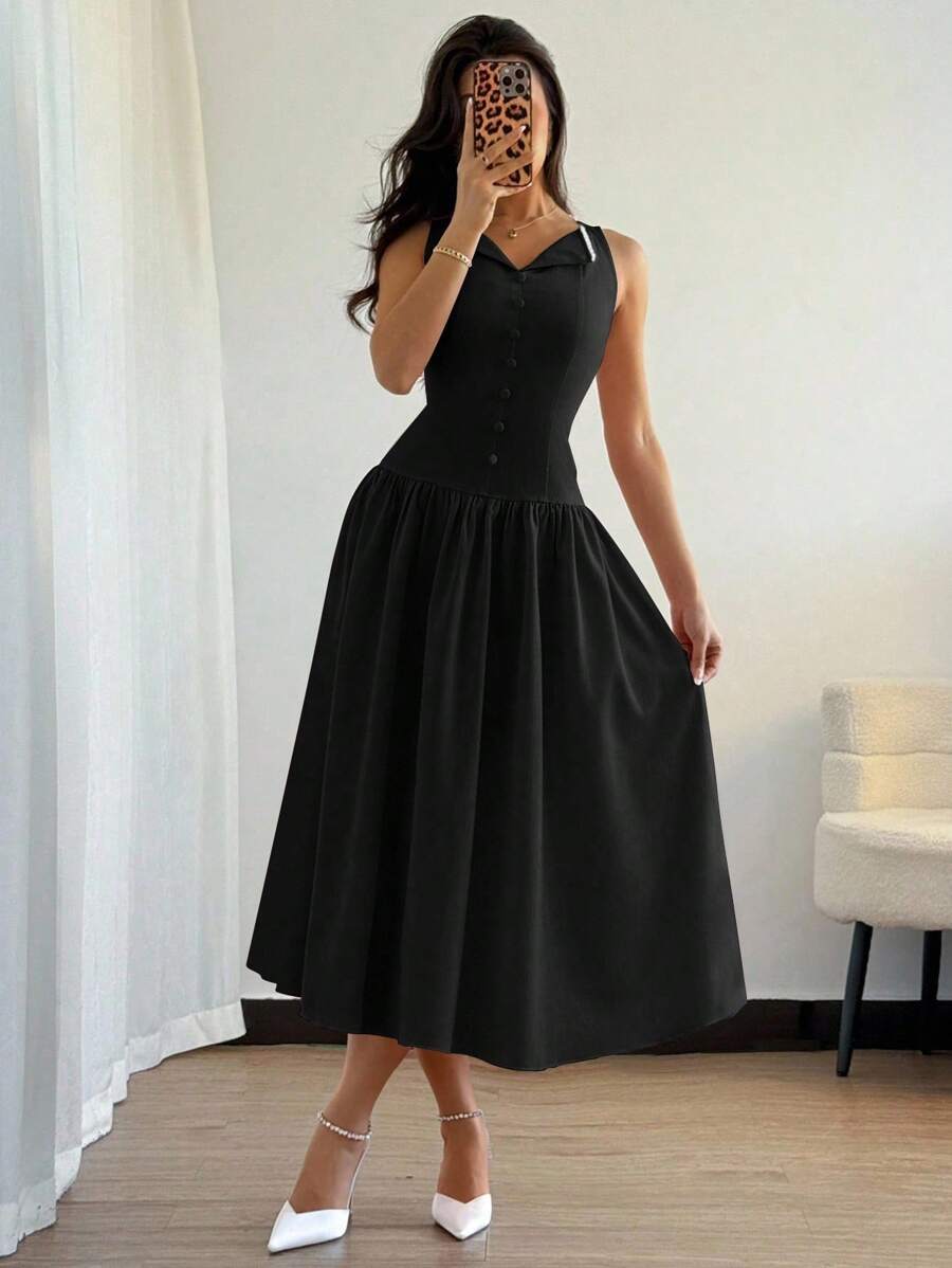 Modelyn Women's Button Decor Pleated Sleeveless Casual Mid-Length Solid Color Dress - Black - View 1