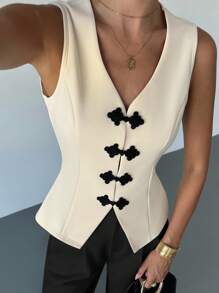 Firerie Women Elegant Black And White Contrast Color Button-Up Top,Summer Tea Party Modest Graduation Teacher Back To School Tops,Work Date Sleeve - Apricot - View 5