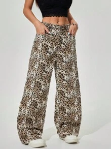 SHEIN ICON Casual Retro Leopard Print Wide Leg Jeans - Multicolor - View 6