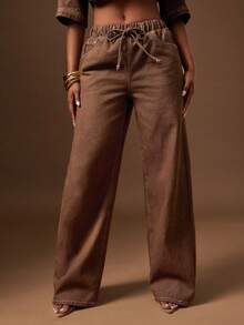 Denimoi 抽象图案抽绳腰直筒牛仔裤 - 棕色 - 查看 2