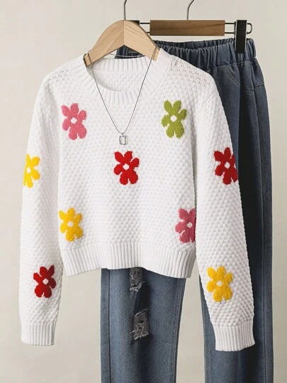 Girls' Colorful Floral Cropped Crew Neck Sweater, Suitable For Home, Outing, Party, Back To School Fall Winter