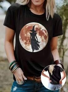 EMERY ROSE Halloween Witch And Moon Print T-Shirt, Casual Short Sleeved Round Neck T-Shirt, Women's Clothing, Suitable For All Seasons - Black - View 4