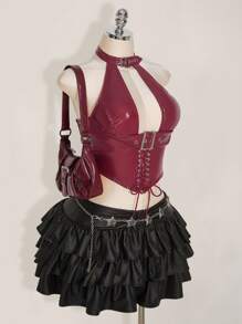 SHEIN ICON Top de tirantes con decoración de ojetes y cordones en la espalda de piel sintética, estilo gótico Y2K para mujer de talla grande - Burdeos - Ver 9