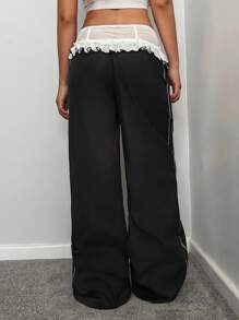 StreetHx Pantalones casuales de mujer con ribete de encaje y contraste de color, otoño/invierno