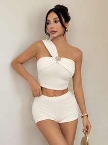 SHEIN PETITE 海岛度假服装 女士夏季服装 图案T恤 女士狂欢服装 白色度假两件套 露肩上衣 女士两件套日常服装 - 白色 - 查看 5