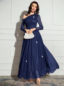 Modelyn 女士时尚优雅浪漫不对称领长袖连衣裙 - 藏蓝色 - 查看 5