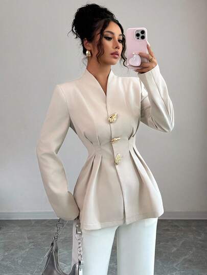 Siren Gaze Dam fransk casual höst minimalistisk elegant enkelknäppt kavaj med metallspänne, lämplig för pendling krämfärgad kvinnor kvinnor eleganta, höst vinter kvinnor 2025 nya! Överdimensionerad lös passform med åtsittande midja, perfekt för arbete kontor business casual, lärarstil, gamla pengar estetik, lämplig för vardagskläder och utflykter, höst och vinter nyheter. alla säsonger, dam vinterkappa