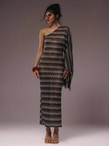 MUSERA 不对称单肩条纹针织镂空流苏修身长裙，质感轻盈，适合冬季、夏季、度假、夜晚外出、约会、婚礼、生日派对、俱乐部、性感早午餐、外出游轮派对、优雅的伊比沙岛场合，少女可爱长裙 - 彩色 - 查看 6