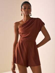 Zivah 20  Summer New Vacation Solid Brown One Shoulder Pleated Short Women Jumpsuit, Suitable For Graduation Outfit, Independence Day, Vacation, Boho, Travel, Daily Outing, Brunch Outfit, Airport Outfit - Brown - View 3