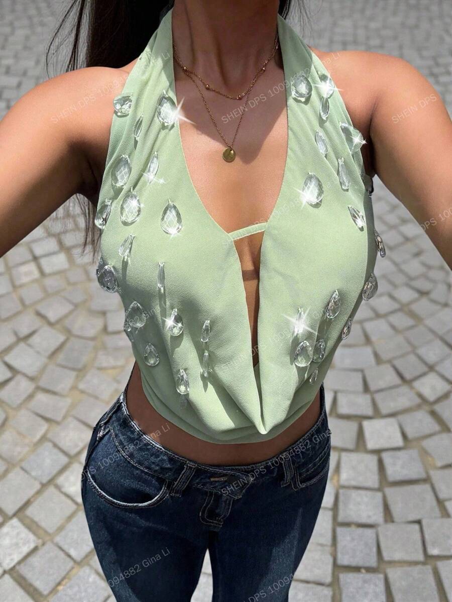 Serisse Top con decoración de strass estilo italiano para vacaciones en la isla, elegante para salir, volver al colegio, para mujeres - Verde - Ver 1