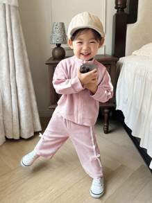 SHEIN 女宝宝时尚休闲长袖高领外套和宽松长裤全套，适合日常穿着、郊游、校园、公园、游乐园