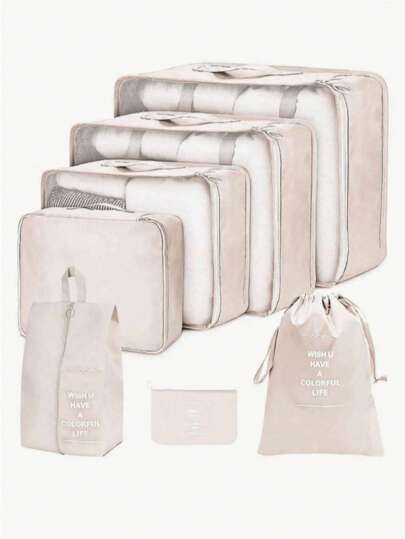 7 件优质纹理纯色旅行收纳袋字母衣物收纳袋，旅行收纳套装，收纳袋套装，行李收纳袋套装，学校用品，大学宿舍必需品，学生房间装饰品，可放置口红、刷子、护肤品、手机、硬币、小物件，适用于家庭、礼物、度假和节日万圣节圣诞节多功能用途，波西米亚风