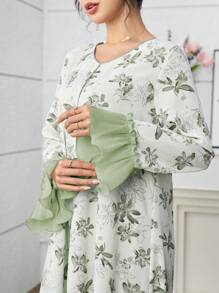 Yasmyna Túnica larga tradicional turca y árabe para mujer con estampado de acuarela, mangas acampanadas y ribete de encaje