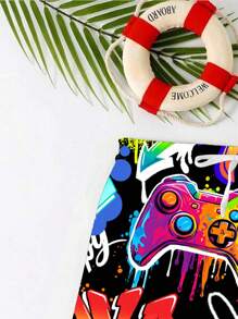 Tween Boy Casual Minimalist Letter & Cartoon Print Swim Trunks, Suitable For Summer