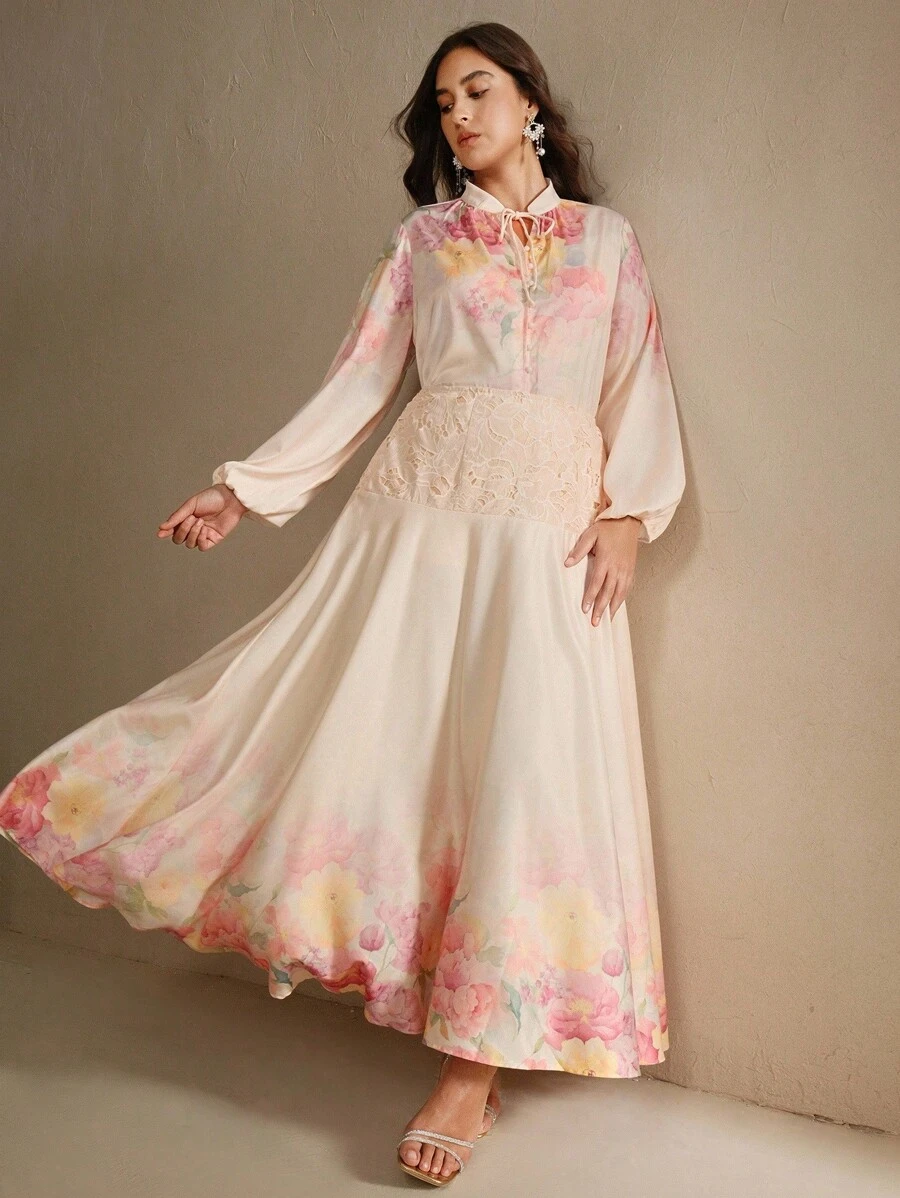 Anewsta Trang phục biểu diễn âm nhạc thanh lịch cỡ lớn dành cho nữ, áo cánh dài tay in họa tiết thời trang, mùa thu - Màu be - Xem 1