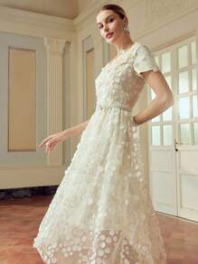 ZEYLAH 撞色亮片仿珍珠束带连衣裙 - 米色 - 查看 5