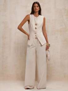 SHEIN BAE 1 件女士纯色前扣圆领无袖西装外套，优雅