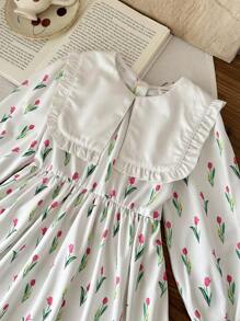 SHEIN Girls Tulip Print Dress, Countryside Style, Elegant & Fashionable, Versatile, Sweet, Long Sleeve, Suitable For Spring & Autumn Transition Season - Multicolor - View 7