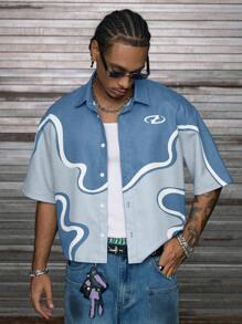 AXEPEAK 男式宽松翻领短袖数码印花衬衫